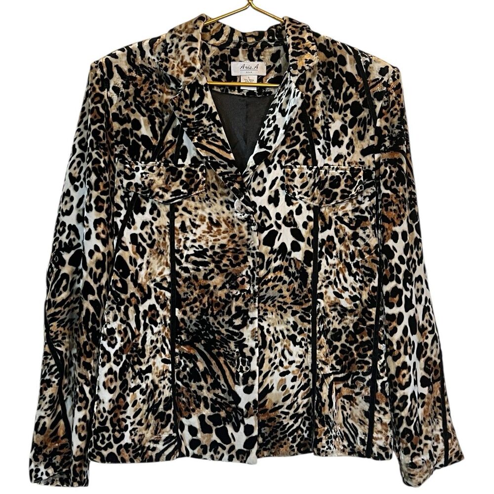 Leopard Velvet Shirt Women L Brown Silk Lined Y2K Grunge Vintage Layering Top